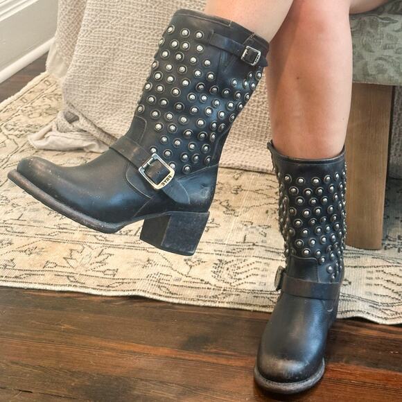 Frye Vintage Vera Disc Black Leather Mid Calf Boot Size 8 - Picture 1 of 12
